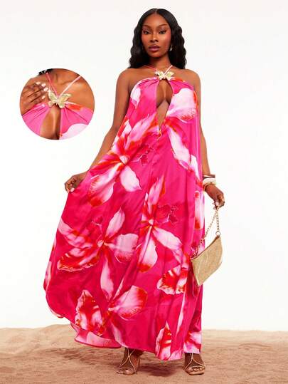 Radiana Plus Size Women's Spring/Summer Fashion Casual Sexy Elegant Romantic Vacation Series Floral Print Sleeveless Hollow-Out Swing Dress With Metal Butterfly Decor Button, Suitable For Everyday Wear, Music Festival, Versatile, Tropical, African Print, Caribbean, Havana Nights, Jamaica, Coachella, BOHO, Bohemian, Outing, Resort