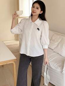 少女白色条纹翻领半袖灯笼袖宽松衬衫，休闲甜美风格，适合春、夏、秋季，母亲节、毕业季等场合，也适合春夏日常、外出、度假、节日穿着，时尚少女，休闲百搭，新款，返校季、休闲、开学季等场合皆宜。 - 彩色 - 查看 4