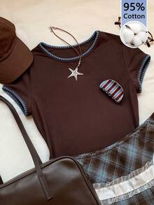 Comfortcana 女士休闲T恤，撞色贝壳刺绣 - 棕色 - 查看 5