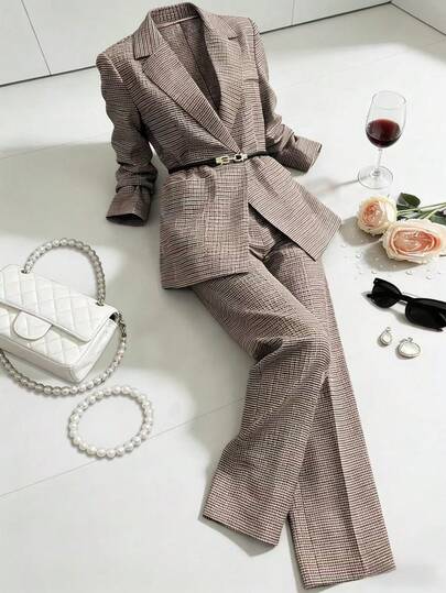 Franclia Women's Plaid Blazer And Pants Suit