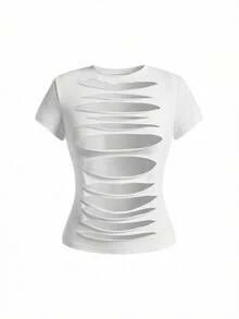 ROMWE Avant 女士 Y2K Baddie 性感破洞百搭圆领短袖 T 恤 - 白色 - 查看 1