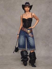 Jeanoix Quần jeans ống rộng nữ kiểu dáng Y2K với gấu quần rách tua rua. - Rửa tối - Xem 4