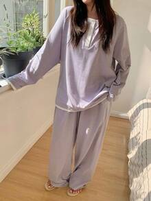 Dazy Plus Plus Size Contrast Trim Long Sleeve Top And Pants Pajama Set - Purple - View 6