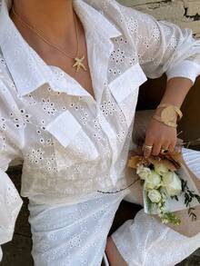 Dazy Plus 两件套优雅蕾丝宽松翻领长袖上衣和直筒长裤，大码女式休闲套装，春秋季，白色 - 白色 - 查看 6