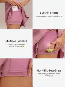 GLOWMODE FeatherFit™-Air Ace The Day - Quần short tích hợp mềm mại như bơ, thấm hút mồ hôi, eo co giãn điều chỉnh được, túi bên hông, đế chống trượt, dáng chữ A, váy ngắn, hỗ trợ nhẹ, giảm tác động lên khớp, thích hợp cho tennis, golf, pickleball và các hoạt động thể thao hàng ngày. - Bụi hồng - Xem 3