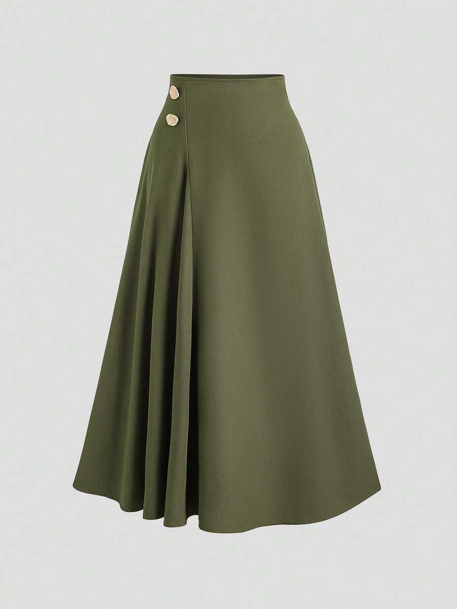 Calvaya Plus Size Elegant High-End Fashion Commuter Draping Metal Buckle Decor A-Line Skirt - Green - View 1