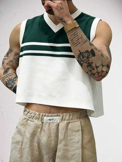 Manfinity Hypemode Áo vest nam dệt kim phối màu tương phản, kiểu dáng thường ngày, thích hợp cho mùa xuân/thu.