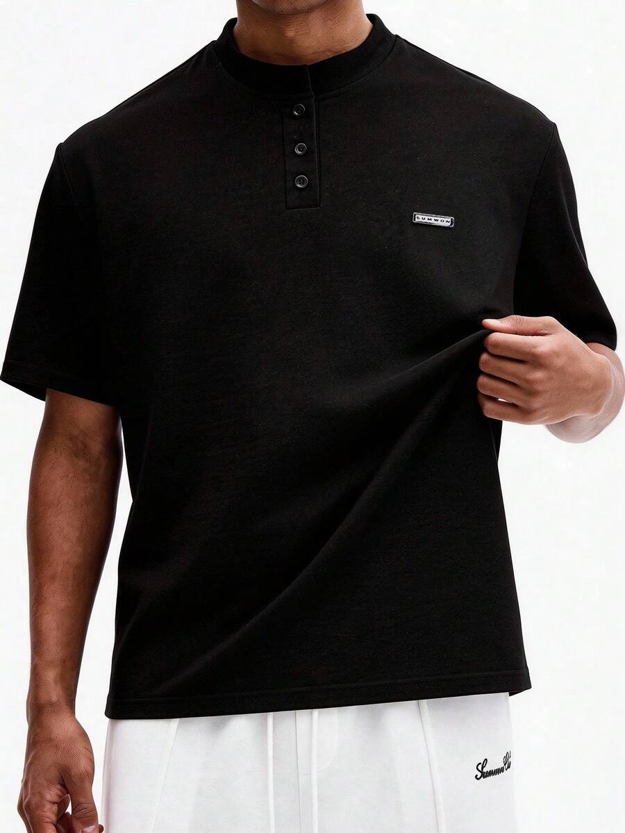 SUMWON Men's Classic Polo Shirt Short Sleeve Button Placket Collar Regular Fit Casual Summer Golf Top - Black - View 1