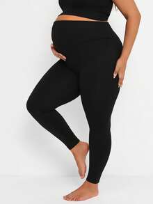 Plussiva Plus Size Maternity Black Leggings,Sommar Casual Gym High Waist Pregnancy Pants,Seamless Ultra-Elastic Expandable Belly Panel Slim-Fit Yoga Leggings - Black - View 9
