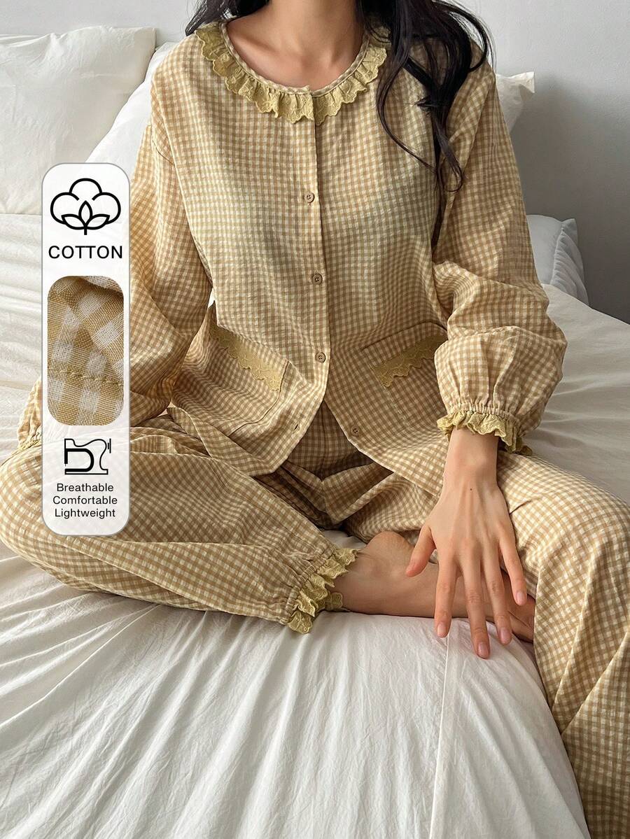 DAZY 春季甜美格子荷叶边灯笼袖女士睡衣套装 - 黃色 - 查看 1