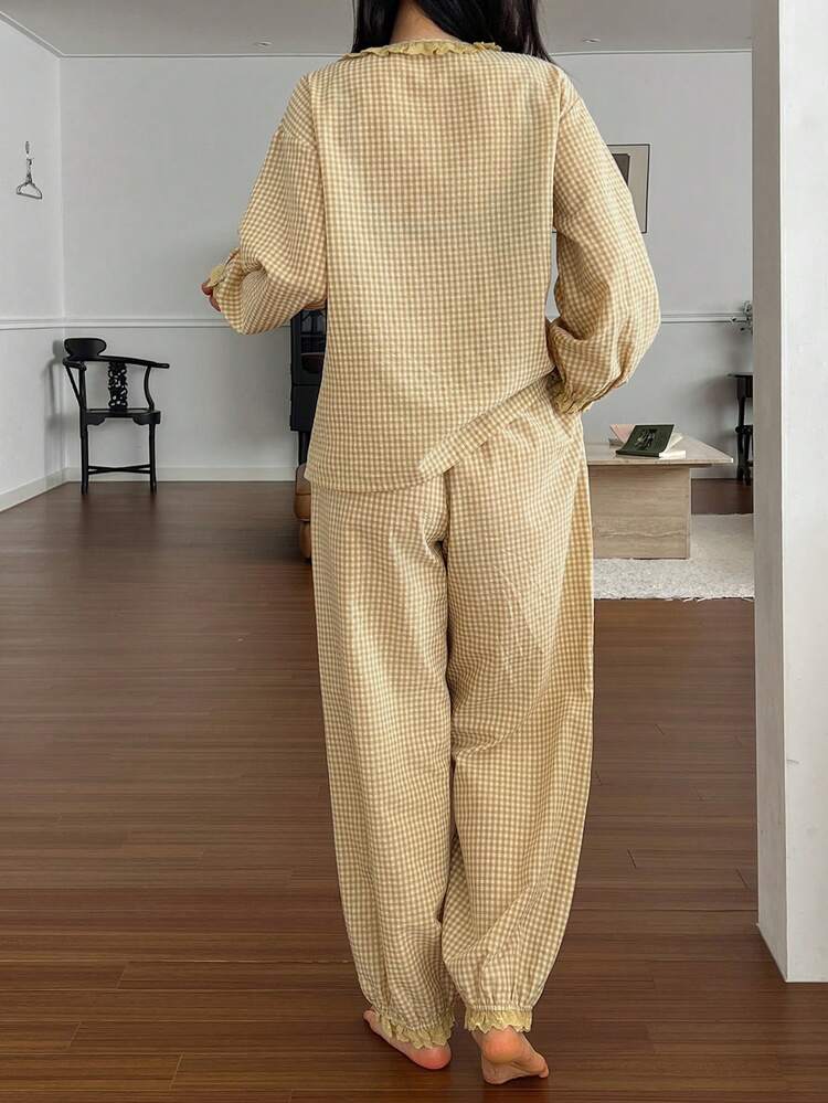 Spring Sweet Plaid Ruffle Trim Lantern Sleeve Women Pajama Set