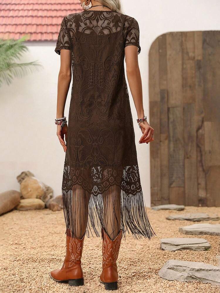 Wildy Black Boho Lace Fringe Midi Dress Women's Wedding Guest Cocktail Regular Fit Round Neck Short Sleeve Woven Fabric Western Country Casu,L