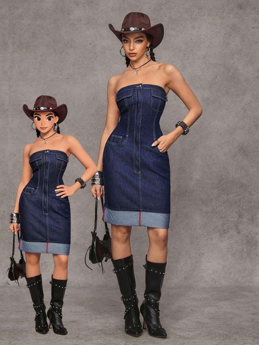 Jeanoix Women's Y2K Fashion Casual Vacation Washed Fitted Denim Tube Dress, Summer - Dark Wash - View 1
