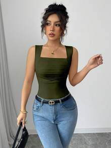 Rafferiza Women's Solid Color Square Neck Sleeveless Fitted Casual Elegant Tank Top For Summer - Army Green - View 4