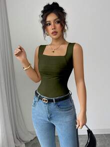 Rafferiza Women's Solid Color Square Neck Sleeveless Fitted Casual Elegant Tank Top For Summer - Army Green - View 5