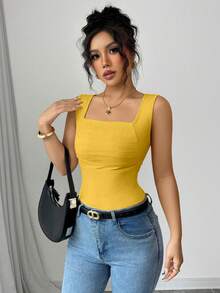 Rafferiza 女士纯色方领褶皱设计休闲背心 - 黃色 - 查看 3