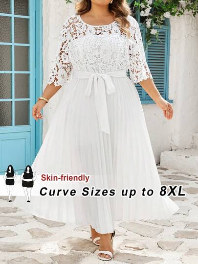 SHEIN CURVE+ Plus Size Elegant Solid Color Lace Patchwork Pleated Dress, Suitable For Vacation White Summer Dress Plus Size For Beach Women S Plus Size Dresses