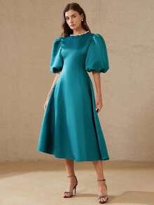 Aveloria Rosie Đầm midi xòe sang trọng, thanh lịch dành cho nữ, chất liệu satin, tay bồng, cổ tròn, phối đá lấp lánh, eo dây xích, thích hợp cho các buổi hẹn hò. - Màu xanh Cadet - Xem 4