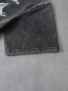 PAVTROS 男士年轻街头风休闲纯棉短袖T恤，圆领针织衫，复古水洗抓绒面料，哥特风，街头风，荆棘心形图案，暗黑系，哥特风，街头风，浪漫风，适合社交媒体达人、音乐人、艺术家，节日礼物，男友礼物 - 黑色 - 查看 3