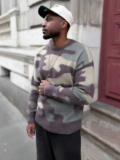 Heavens Edit ANDREILEE Autumn/Winter Unisex Fluffy European & American Casual Commute Street Camouflage Pattern Jacquard Knit Pullover Sweater