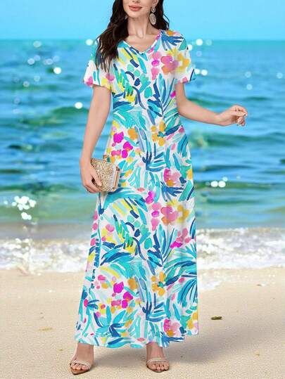 Lacomfia Women's Elegant V-Neck Spring/Summer Knit Mini Dress With Colorful Floral & Geometric Abstract Print, Suitable For Work, Dating, Vacation, Casual, Party, Holiday, Vintage Floral Maxi Dress, White Dress, Vacation Dress