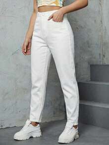 SHEIN ICON Casual Versatile Commute High Waist Solid Color Jeans - White - View 3