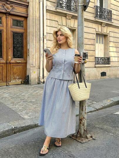 Dripcurv Women's Plus Size Blue Striped Summer Tank Top And Skirt Two Pieces Set, Summer Vacation Casual Outfit, Beach Vacation Wear, Spring Outfit.
