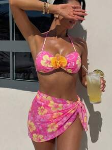 Bonvoyette Conjunto de 3 piezas de bikini de estilo de vacaciones para damas con falda de gasa fluida con estampado de flores, tipo halter para primavera/verano y festival de música en la playa - Multicolor - Ver 1
