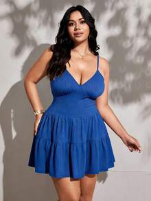 Viva Relle Curve Blue Mini Sundress Sleeveless Spaghetti Strap Knitted Fabric Casual Dress Ruffle Flounce Hem - Royal Blue - View 6