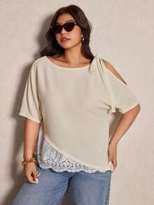 Elaquor 大码女式纯色扭结设计不对称肩部时尚百搭日常短袖T恤 春夏款 - 杏色 - 查看 5