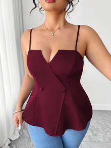 Elenzga Flared Hem Red Violet Cami Crop Top With Spaghetti Strap, Casual Woven Fabric With Button Detail Buttons, Plain Design And Button Accented With Buttons - Red Violet - View 3