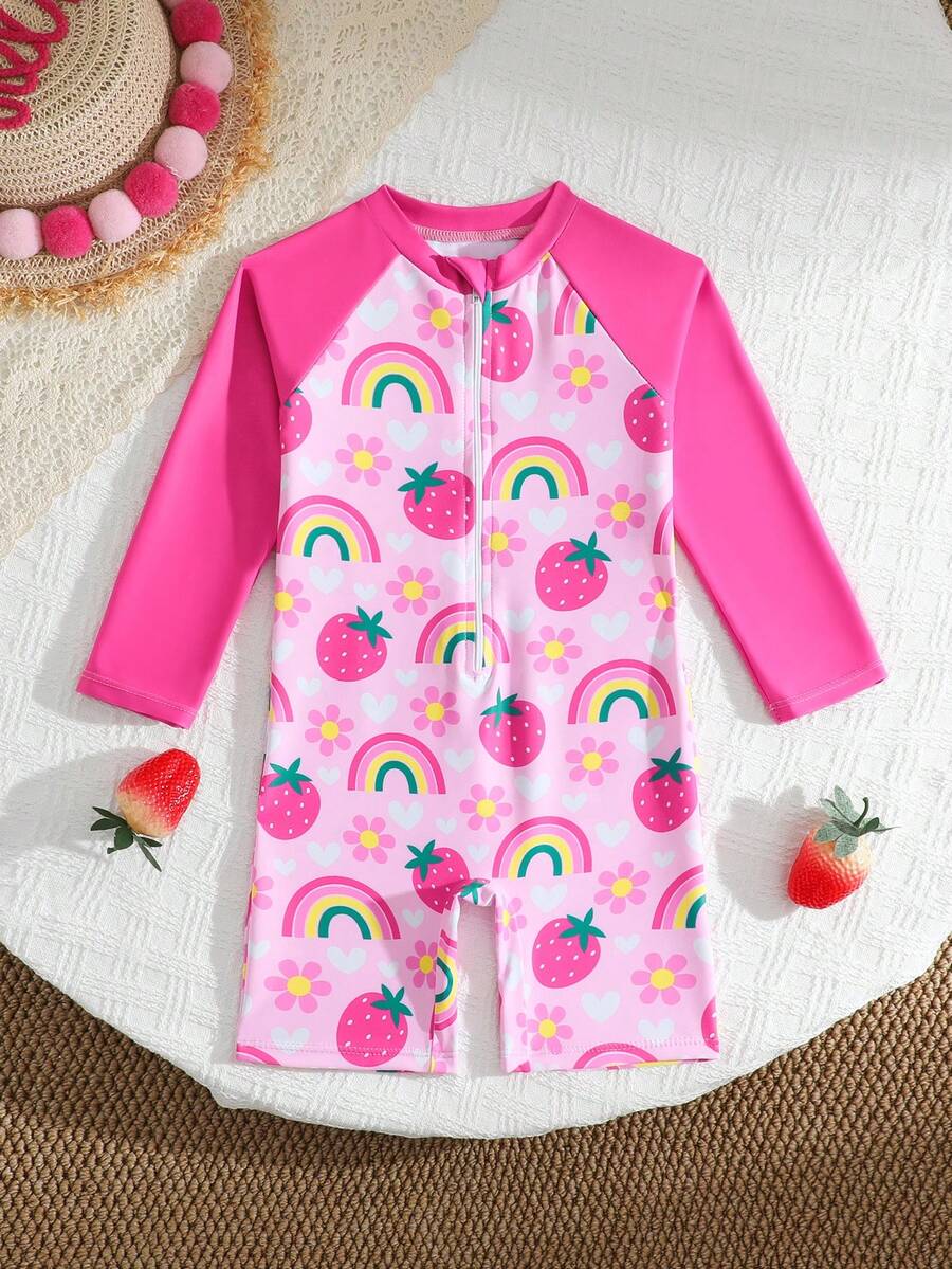 SHEIN 女童动物印花长袖连体泳衣,可爱动物园图案,防晒,夏季 - 彩色 - 查看 1
