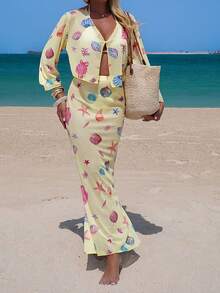 Swim Chiccia 两件套沙滩度假服，贝壳和海星数码印花罩衫和裙子套装，春夏款 - 彩色 - 查看 4