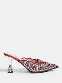 CUCCOO TILAWA Sepatu Pesta Wanita Model Ujung Lancip Hak Tinggi Berhiaskan Berlian Imitasi untuk Natal dan Hari Valentine - Merah - View 2