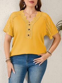 EMERY ROSE Plus Size Women's Mustard Yellow Summer Casual T-Shirt,Lace Patchwork V-Neck Short Sleeve Tops,Modest Vacation Holiday Outfits,Tea Party Blouses - Yellow - View 3