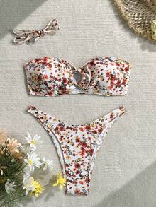 Swim Mod Women's Red & White Ditsy Floral Spaghetti Strap Metal Ring Sexy Beach Vacation Swimwear Set - Red and White - View 4