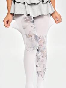 ROMWE Anime 1双白色Y2K朋克风千禧摇滚音符猫星印花时尚简约女式连体袜，适合大学、购物、通勤等场合。 - 亮橙色 - 查看 4