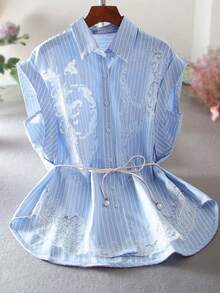 EMERY ROSE Women's Striped Print Minimalist Sleeveless Shirt, Casual Everyday Wear - Blue - View 8