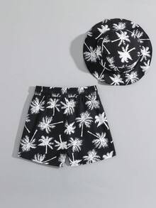 男嬰黑色棕櫚樹印花泳裝套裝，泳褲與帽子，夏季休閒度假假日服飾套裝 - 黑與白 - 查看 2