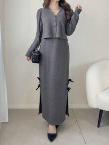 FRIFUL 2pcs Women Minimalist Commuter Front Button Jacket And Side Slit Dress Set - Grey - View 2