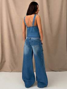 SHEIN مجموعة جينز قطعتين - ملابس علوية وبنطلون - أزرق متوسط - مشاهدة 2