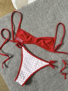 Swim Mod 女士复古波点印花双面比基尼套装，红白撞色双面印花，性感抹胸泳装，时尚休闲沙滩度假甜美可爱复古优雅风 - 紅白色 - 查看 7