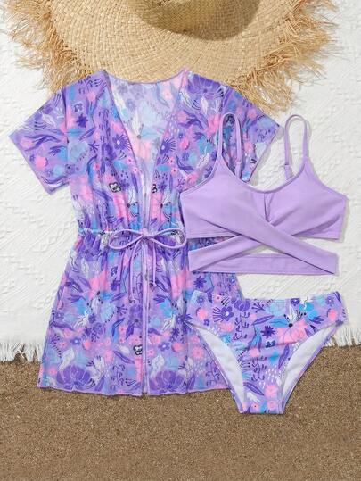 SHEIN Conjunto de traje de baño de 3 piezas con estampado floral para niña preadolescente (estampado al azar)