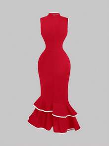 SHEIN MOD Sleeveless Dress With Ribbon Collar For Women,Red Dress - Red - View 2