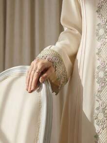 Suri Mira Áo choàng dài tay cổ chữ V rộng rãi, bèo nhún dành cho nữ, kiểu Abaya Thổ Nhĩ Kỳ, Kaftan Ả Rập. - Màu be - Xem 4