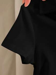 SHEIN Tween Girl Solid Color Casual Polo V-Neck Fitted Side Ruched Short Sleeve Cropped T-Shirt - Black - View 5