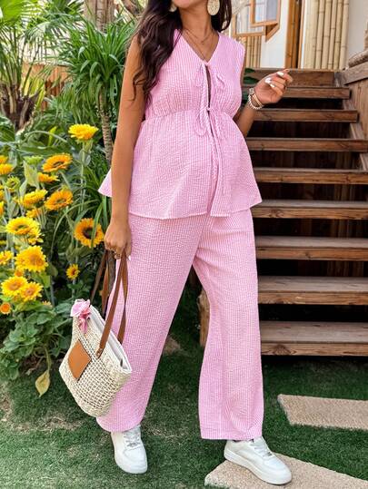 Lyckli 2pcs Maternity Striped Tie Front Sleeveless Shirt And Adjustable Waist Pants Set Women Two Pieces Casual Set Women Summer 2 Pieces Outfit Women's Summer Co Ord Women Vacation Outfit Sets Women 2 Pieces Outfit Casual 2 Piece Set Pink Two Piece Set Pink Pants Set Womens Pink Set Sleeveless Top And Pants Set Two Piece Casual Sets Coords For Women Summer Outfit Brunch Outfits For Women 2 Piece Leisure Two Piece Set One Set Women Outfit