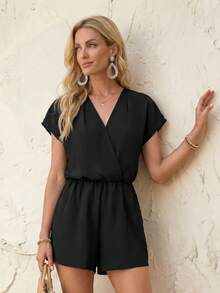 EMERY ROSE Mono Corto Tejido De Manga Corta De Escote En V Para Las Vacaciones De Verano - Negro - Ver 5