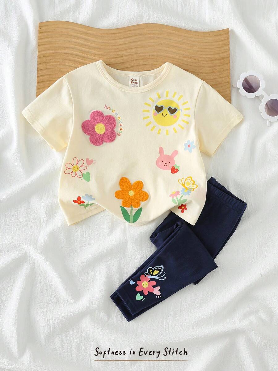 Cozy Pixies Conjunto de 2 piezas de blusa de punto suave con cuello redondo y hombros caídos con estampado floral y pantalones de cintura elástica para niña bebé - Blanco - Ver 1