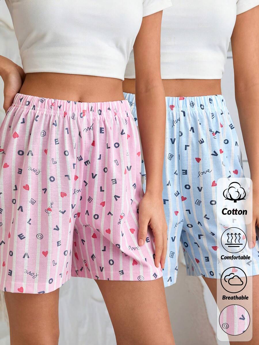 SHEIN 2 Pcs Multipack Love Stripe Heart Pink And Blue Patterned Elastic Waist Comfort Relaxed Casual Sleep Shorts 2 Pcs Set - Multicolor - View 1